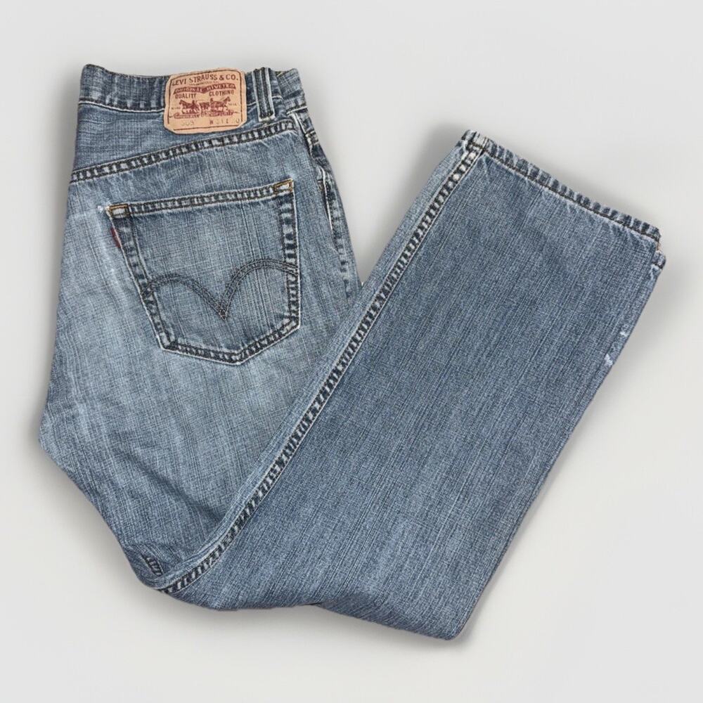 Vintage Levi’s 505 Regular Fit Jeans Blue Distressed Paint Marks Grunge 34x29